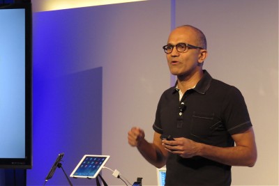 Satya Nadella announces Office for the iPad at an event in San Francisco on March 27, 2014